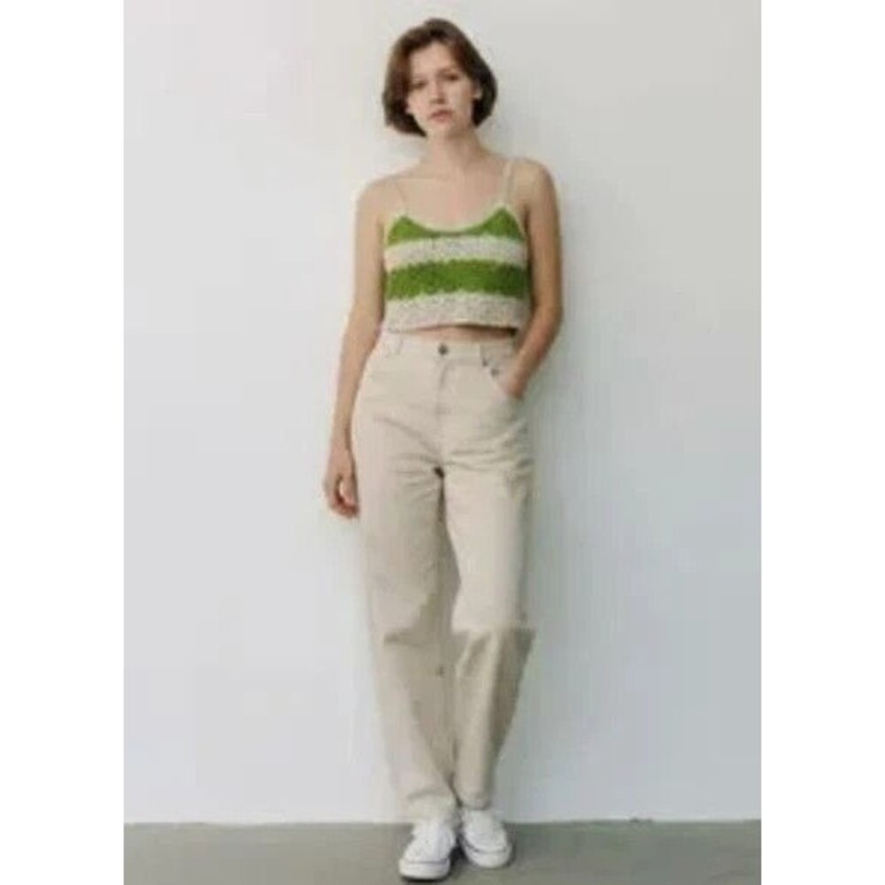 Rebellion Again Womens Crochet Sleeveless Lined Crop Top in Green & Ivory Medium